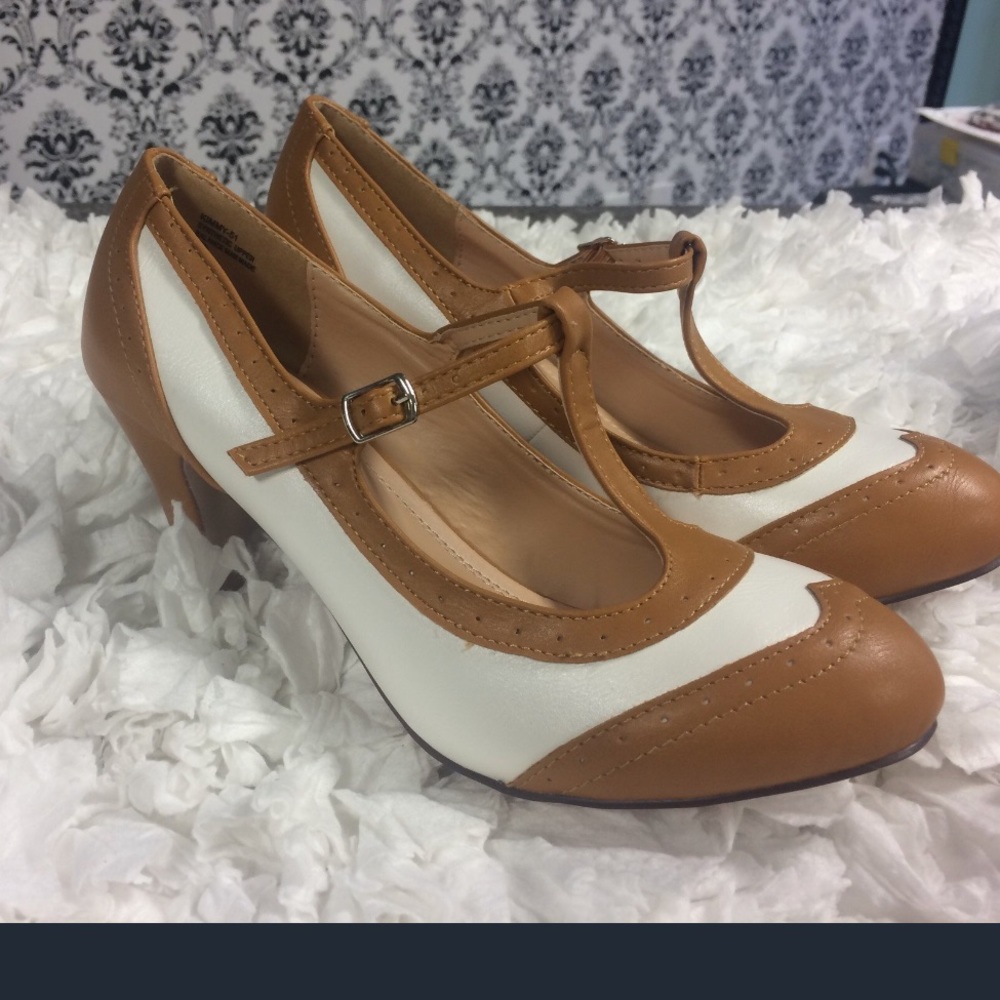 Chase & Chloe Retro Tan Cream Shoe Vintage Pinup - Picture 1 of 5